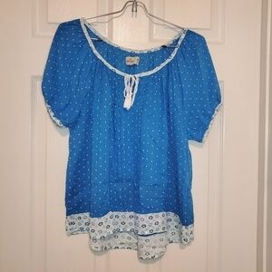 Hollister Blue White Polka Dot Floral Blouse Sz M